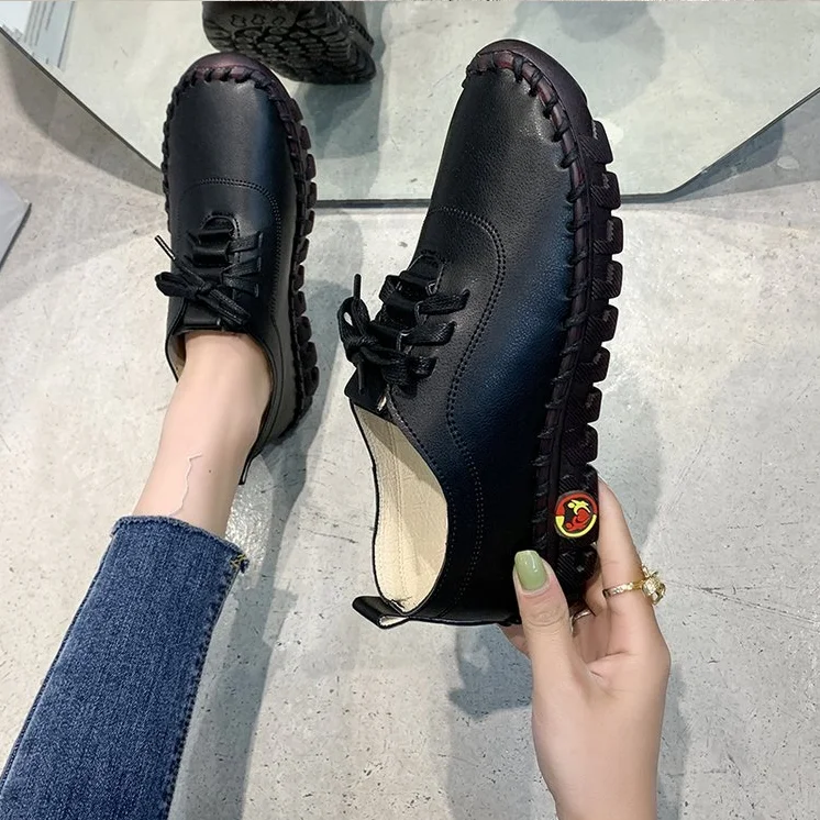 

2022 Newest Woman Flats Casual Sew Oxford Shoes Female Lace Up Leather Single Shoes Comfortable Moccasins Loafer Shoes Plus Size