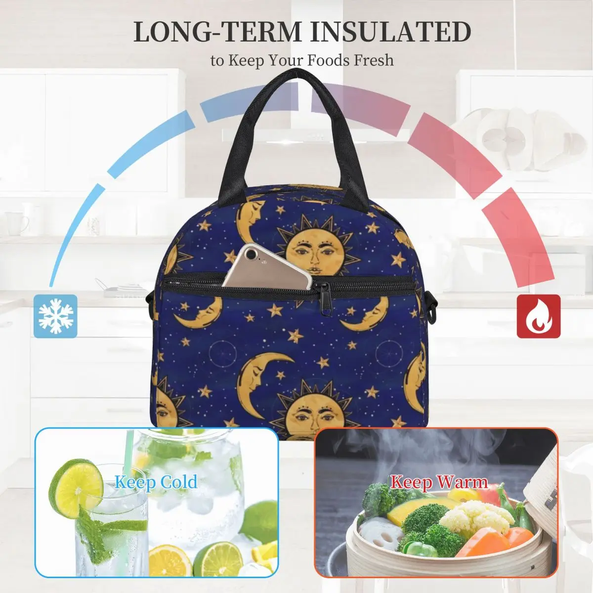 

Vintage Sun Lunch Bag with Handle Moon And Stars Celestial Picnic Cooler Bag Zipper Food Cool Thermal Bag