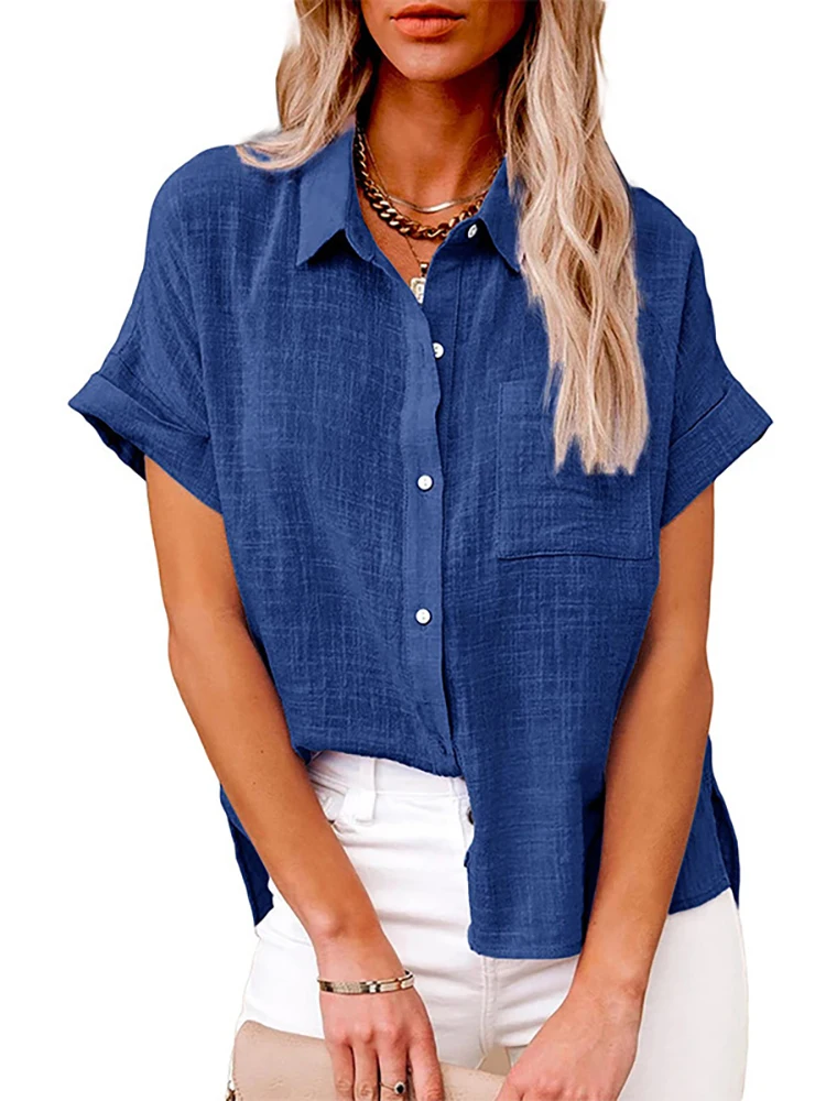 

Casual Solid Short Sleeve Cotton Linen Loose Blouse Vintage Harajuku Oversized Shirt Elegant Tunic Summer Tops Women 2023