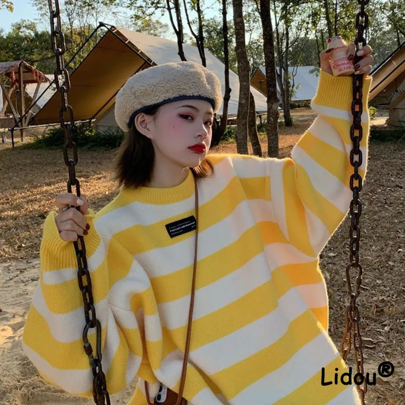 

Lively Cute Stripe Girl Sweater 2022 Women Autumn Comfortable Loose Vintage Japan Style Fashion Popularity All-match Knitted Top