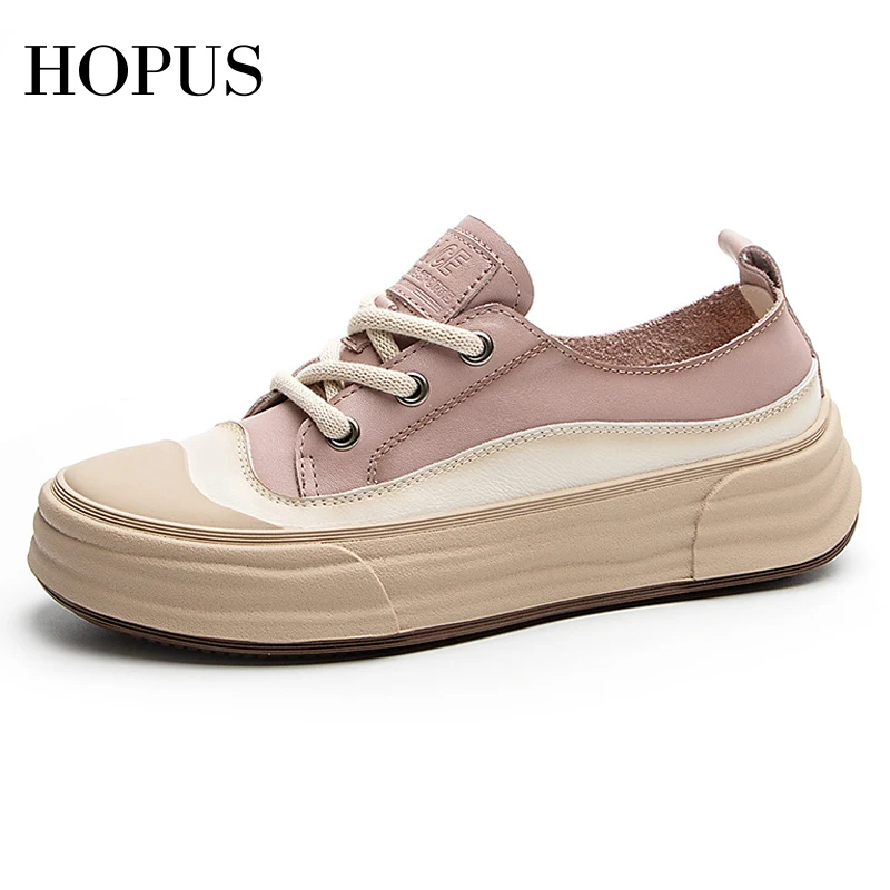 

HOPUS Casual Shoes For Women 2023 New Round Toe Lace-up Female Sneakers Genuine Leather Breathable Mixed-Color Trend Flats Comfy