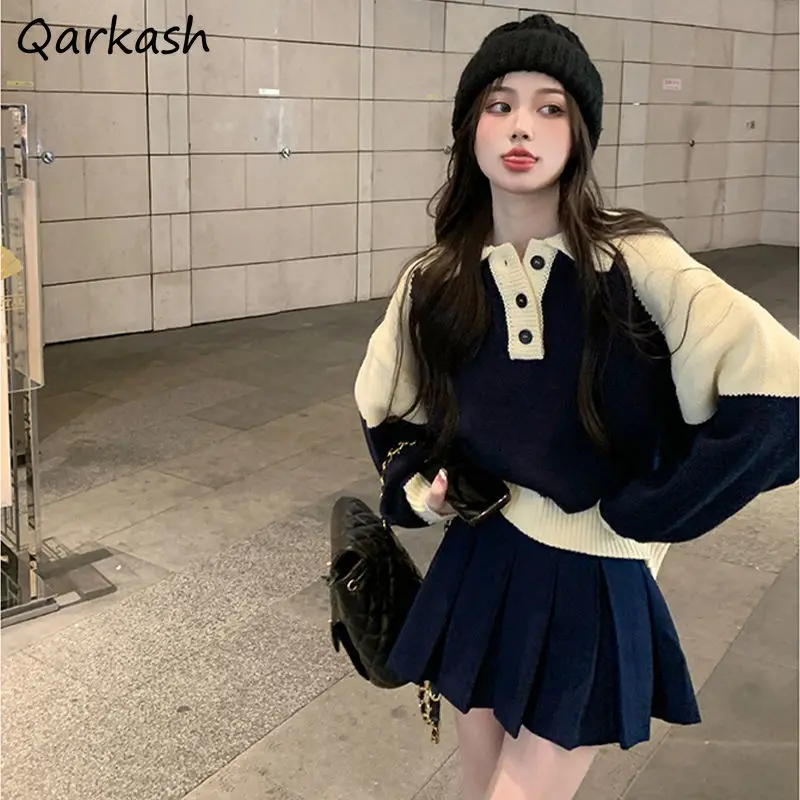 

Women Sets Patchwork Sweaters Mini Pleated Skirt Ulzzang Spring Fashion Outfit Design Cozy Chic Female O-neck 2pcs Leisure Ins