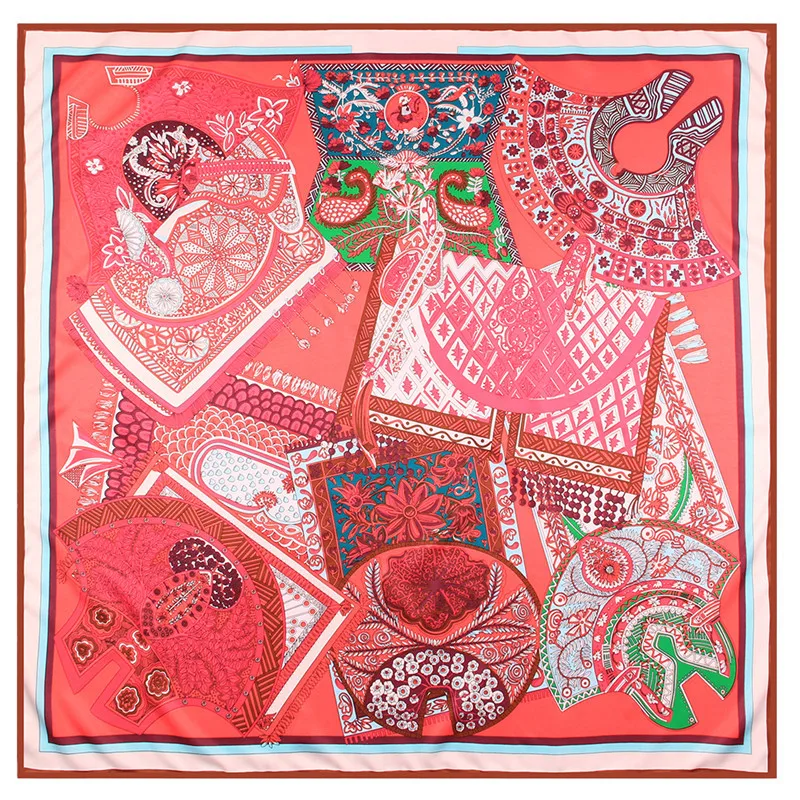 

Manual Hand Rolled Twill Silk Scarf Women Floral Bag Print Square Scarves Wraps Echarpe Curled Foulards Femme Bandana Hijabs