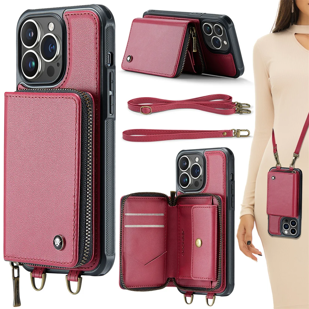 

JEEHOOD Luxury Zipper Purse Wallet Case for 15 Pro Max 11 12 13 Pro 14 Plus Crossbody Phone Bag RFID Blocking Leather Case