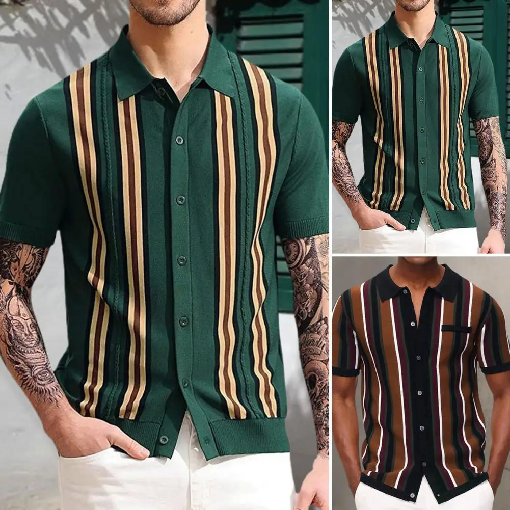 

Men's Summer Knitted Shirt Business Casual Short Sleeve Fashion Lapel Stripe T-shirt Men's 2023 New Cardigan Top