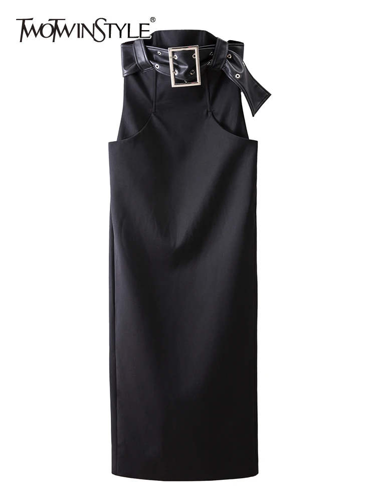 

TWOTWINSTYLE Patchwork Belt Dresses For Women Strapless Sleeveless High Waist Slimming Solid Split Dress Female Fashion Clothing