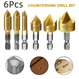 Сверло из быстрорежущей стали для зенковки фасок, 6 шт., 5 канавки, 14 дюйма, шестигранный хвостовик, 90 градусов, резак для снятия фасок по дереву, 6 мм, 8 мм, 9 мм, 12 мм, 16 мм, 19 мм
