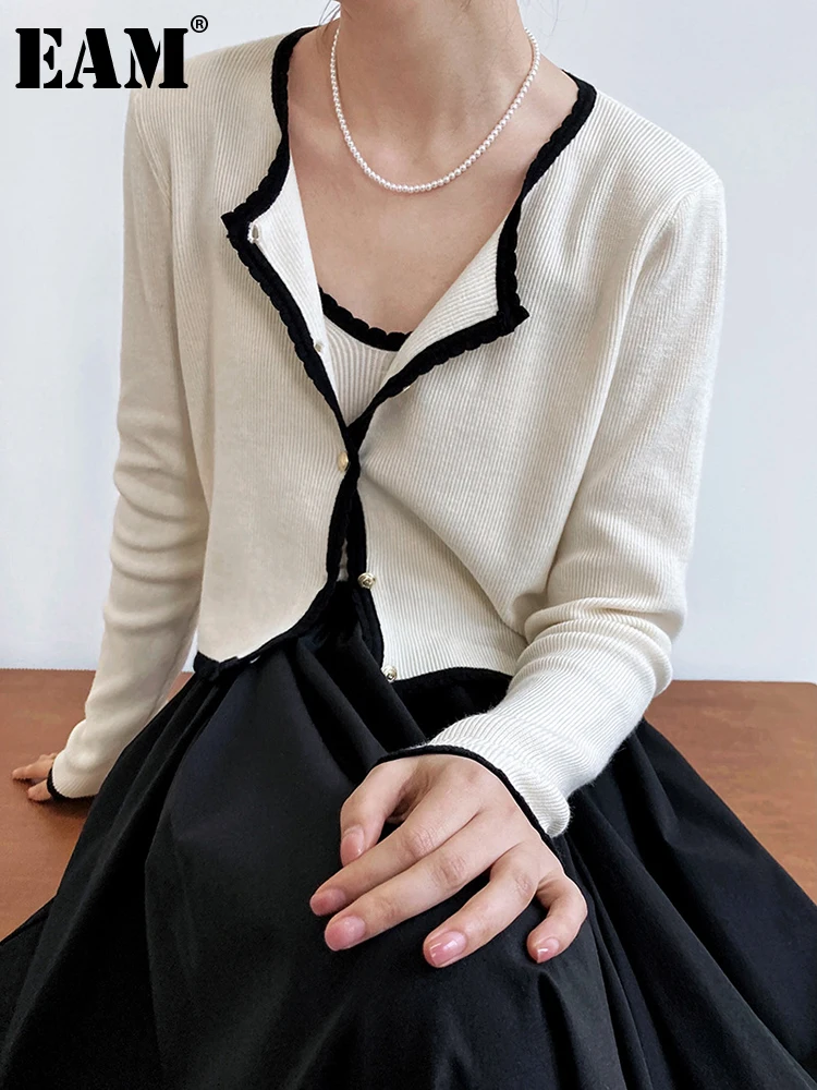 

[EAM] Beige Elegant Knitting Cardigan Sweater Loose Fit V-Neck Long Sleeve Women New Fashion Tide Spring Autumn 2023 1DF6131