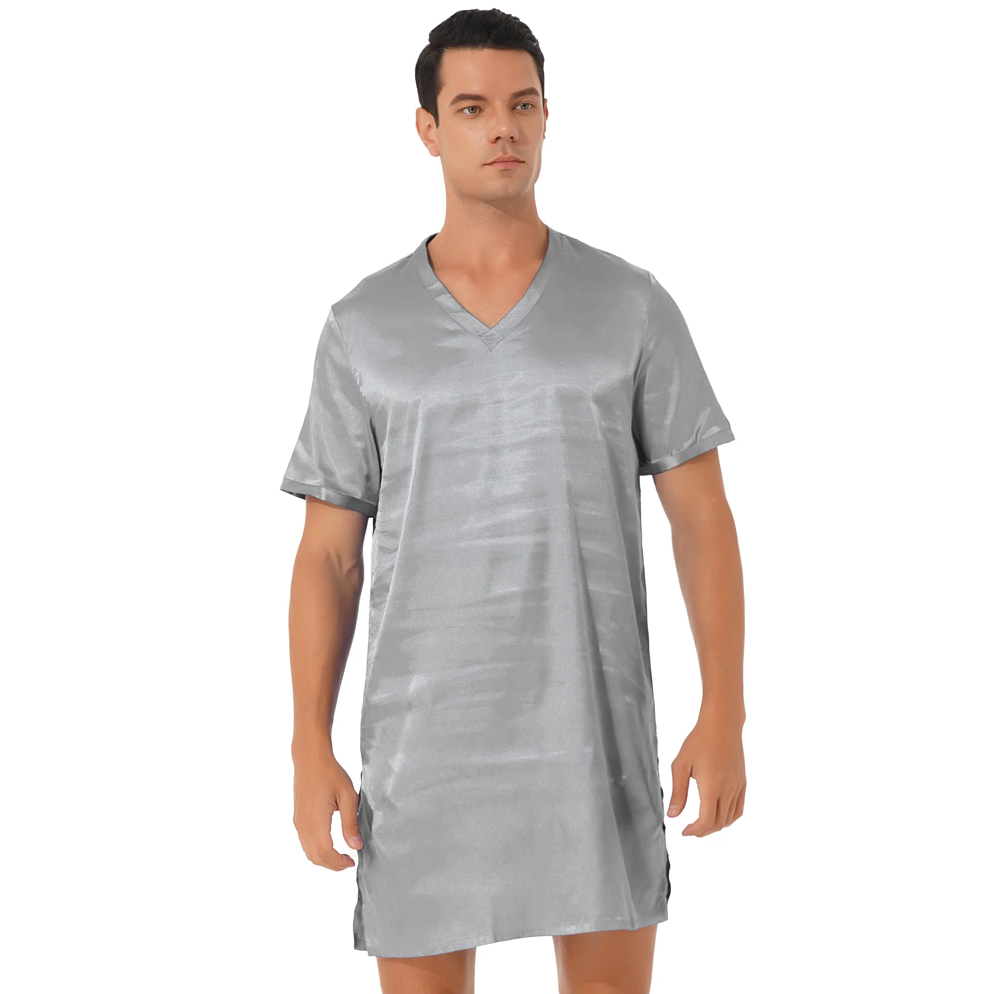 

Мужские халаты, Мужская короткая ночная рубашка по бокам, ночная рубашка с рукавом, атласная Домашняя одежда с разрезом, одежда для сна, женская ночная сорочка с вырезом для отдыха