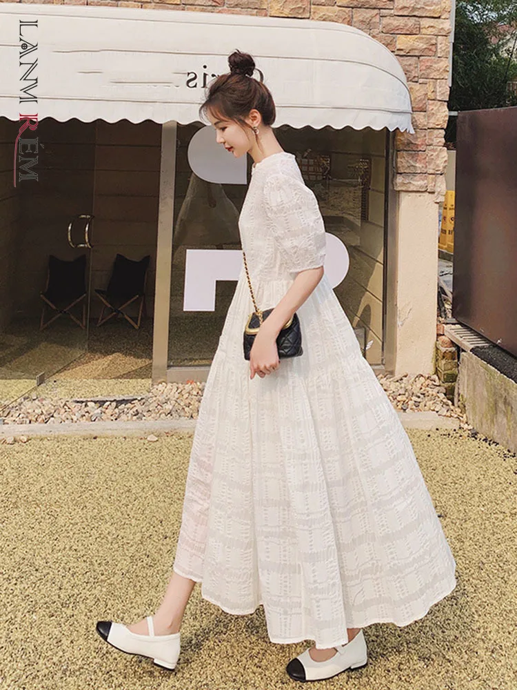 

LANMREM Loose White Dress Round Neck Long Length Stitching Jacquard Elegant Dresses Female Fashion Clothing 2022 Summer 2R3445