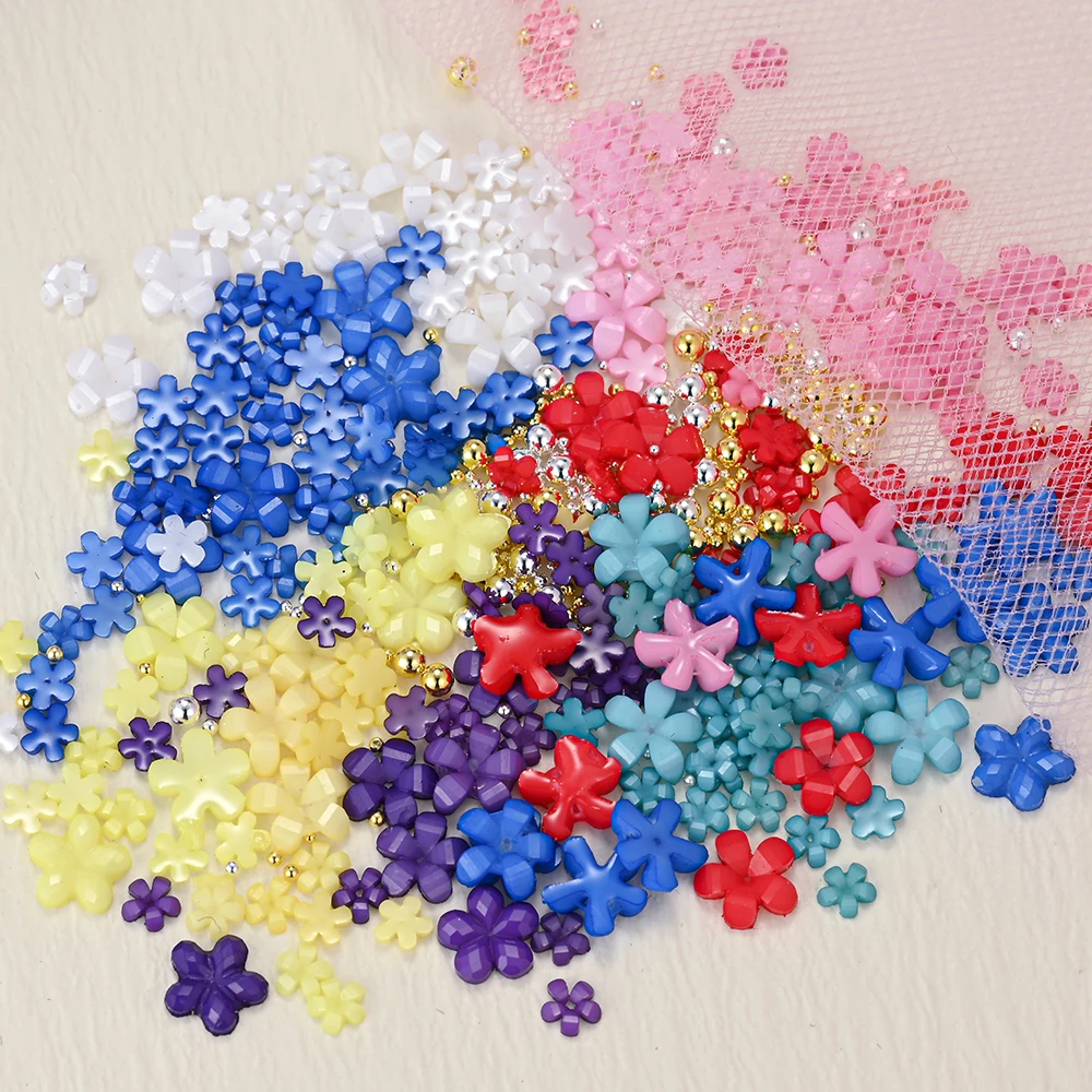 

5g/Bag Five Petals Flower Nail Art Decor Japanese Style Mini Resin Flower Nail Jewelry Design Mixed Size Rhinestones Accessories