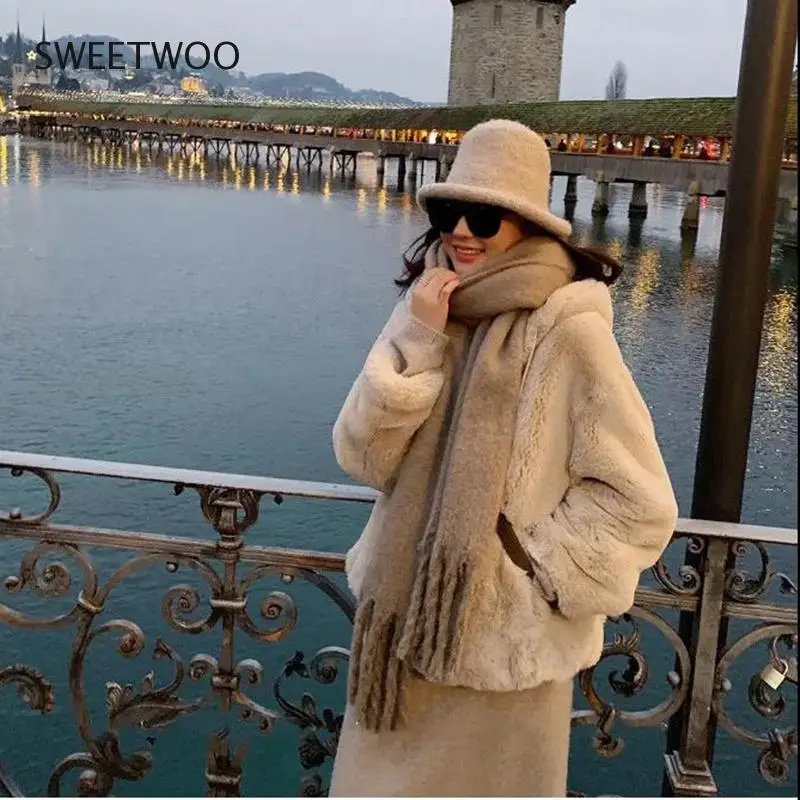 2021 New Autumn Winter Fur Coat Thick Faux Rabbit Coat Hooded Mid-Length Overcoat Casual Warm Women's Clothing Fashion Tide Slim