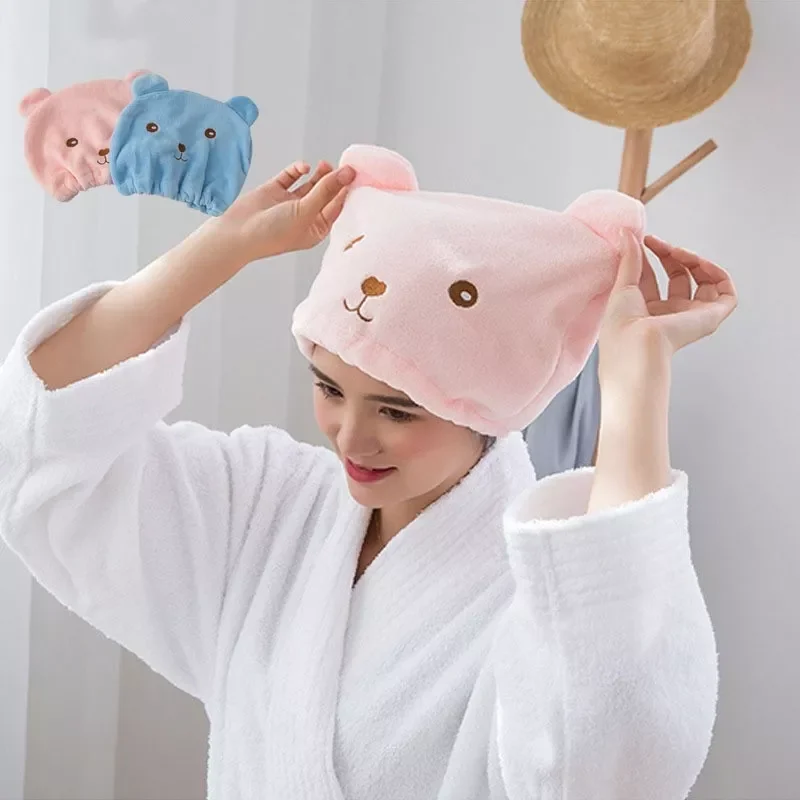 

NEW2023 Cute Bear Thick Coral Fleece Microfiber Bath Towel Hair Dry Quick Drying Lady Bath Towel Soft Shower Cap