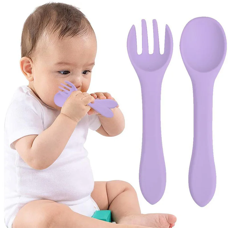 

2Pcs Silicone Baby Mini Fork Spoon Set Food Grade BPA Free Toddlers Self Feeding Utensils Baby Infant Training Tableware