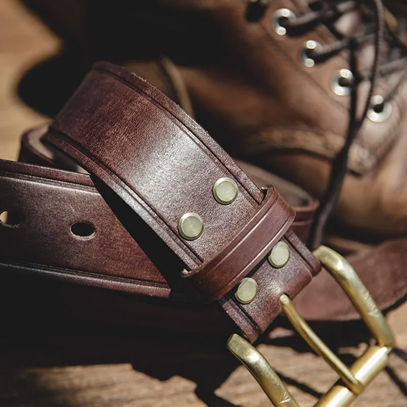 

Retro Men Fashion Belt Leather Luxury Authentic Trend German Brass Single Needle Quick Release Buckle Head Tough Guy Pants Belt