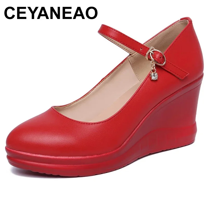 

2023 Spring Autumn Women Wedges High Heel Red Black White Shoes Thick Platform Pumps Soft Leather Vintage Casual Shoes