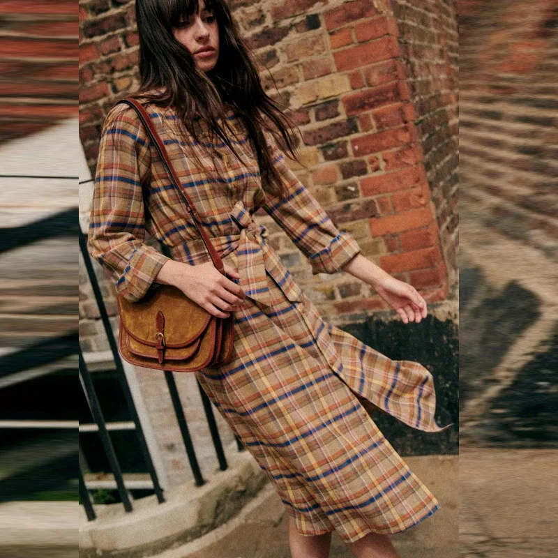 

2023 Spring New Dress Plaid Waist Slim Mid-length Long-sleeved Dress Women