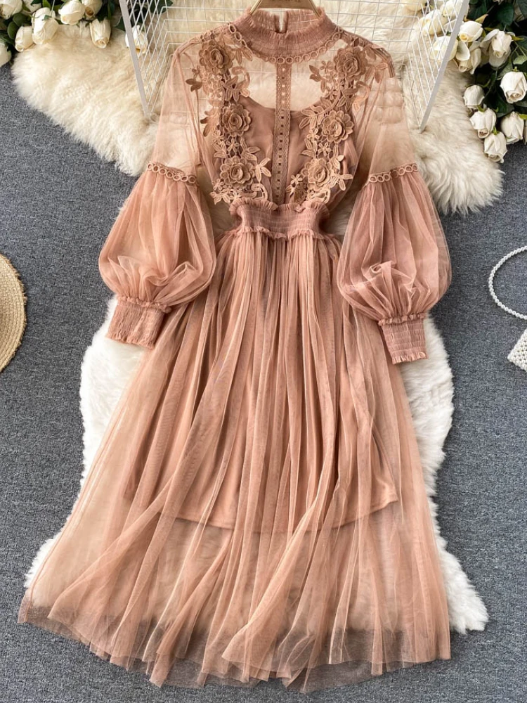 

Fashion Women Vintage Spring Dress Mesh Casual A-Line Slim Party Prom Vestidos Female Solid Elegant Robe Boho Beach Clothes