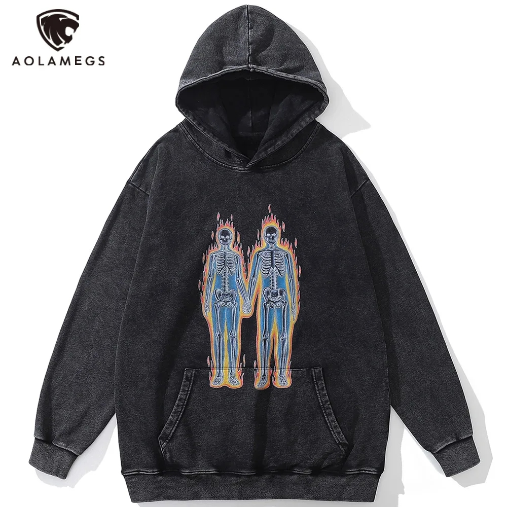 

Aolamegs Men's Baggy Hoodie Retro Abstract Fire Skeleton Graphic Print Black Long Sleeves Pullover Hip Hop High Street Clothes