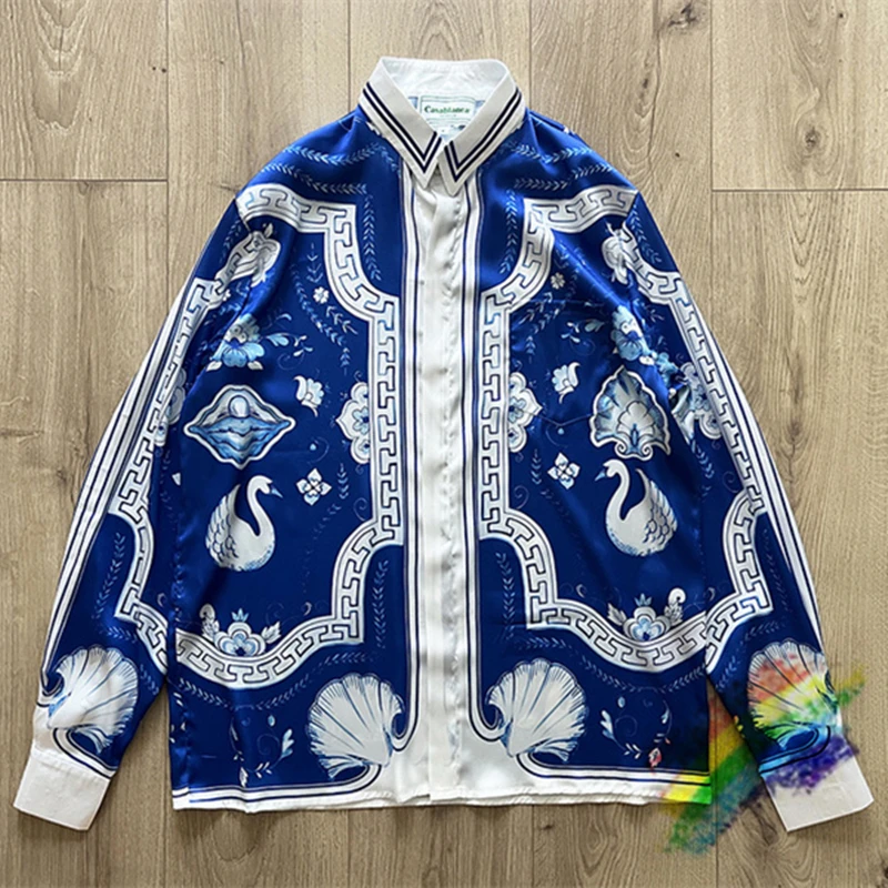 

Рубашка 2023ss Женская/мужская голубая из шелка с длинным рукавом