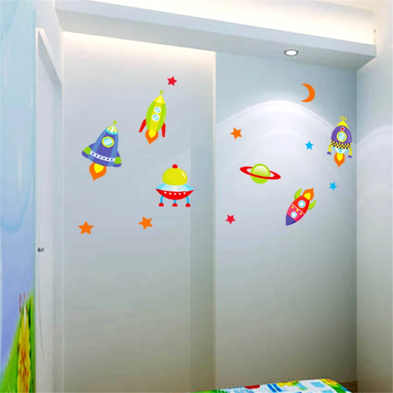 

Cartoon Rocket Space Ship Stars Moon Wall Stickers For Kids Room Home Decorations Nursery Mural Art Boys Decal Pvc Poster