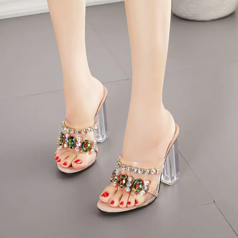 2022 Summer Sexy Rhinestone High Heels Transparent Glass Crystal Slippers Open Toe Elegant Fashion Shoes  Clear Slippers Women