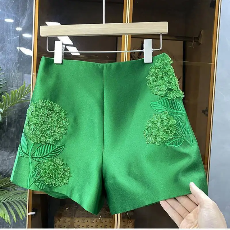 

Women Clothing Chic 3D Floral Embroidery Shorts High Waist Slim Wide Leg Pants Korean Fashion Pantalones Cortos De Mujer 2022