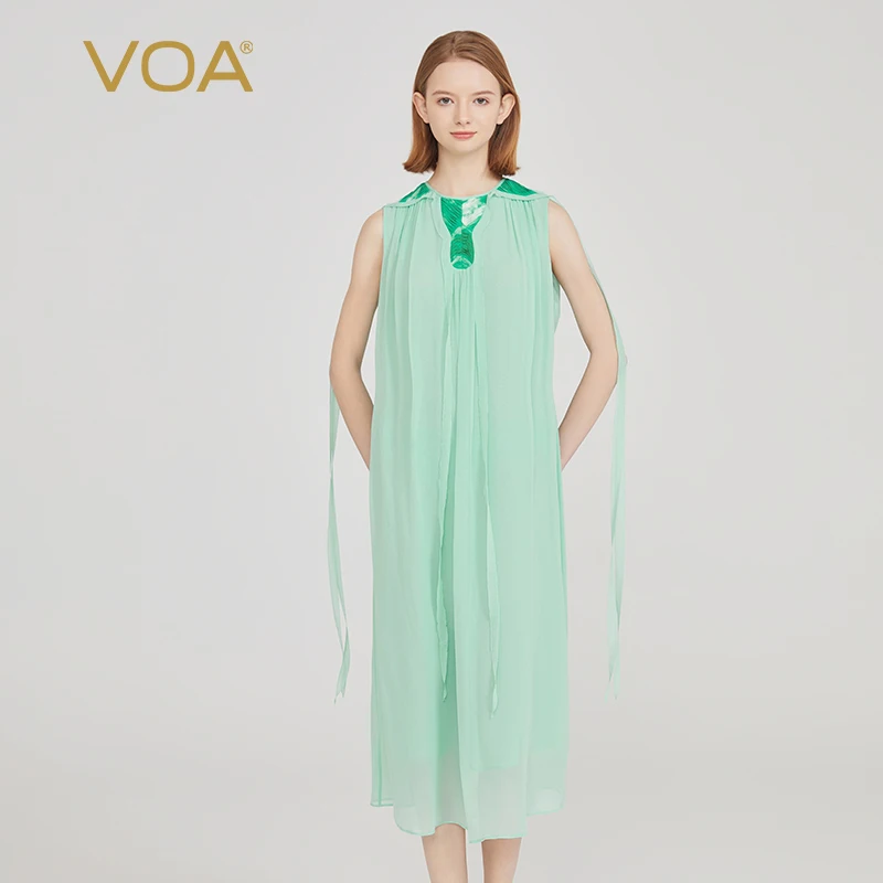 VOA Emerald Green Double Layer Georgette Silk Round Neck Sleeveless Three-dimensional Binder Tucker Pleated Silk Dress AE2072