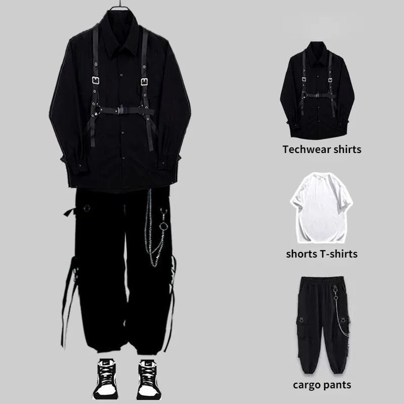 

OUZOU Tecwear Pant Sets Men Punk 3 Piece Outfits Black Caro Pants Lon Sleeve Sirts Streetwear ip op Sprin