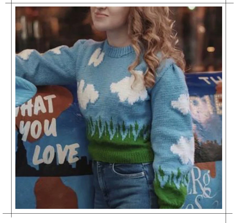 

Women's Pullover Cloud Print Knitted Sweater Long Sleeve Winter New Style Ladies Casual Fashion Ladies