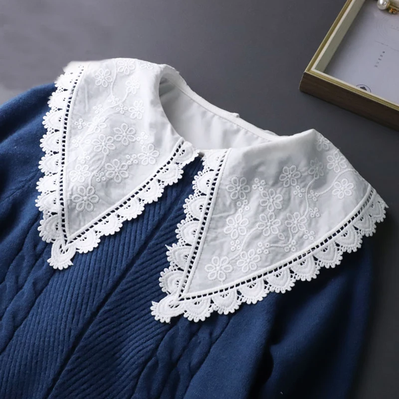 

2022 Big Lapel Embroidery Fake Collar for Women Sweet Shirt Detachable Collars Shoulder Wrap False Collar Accessories