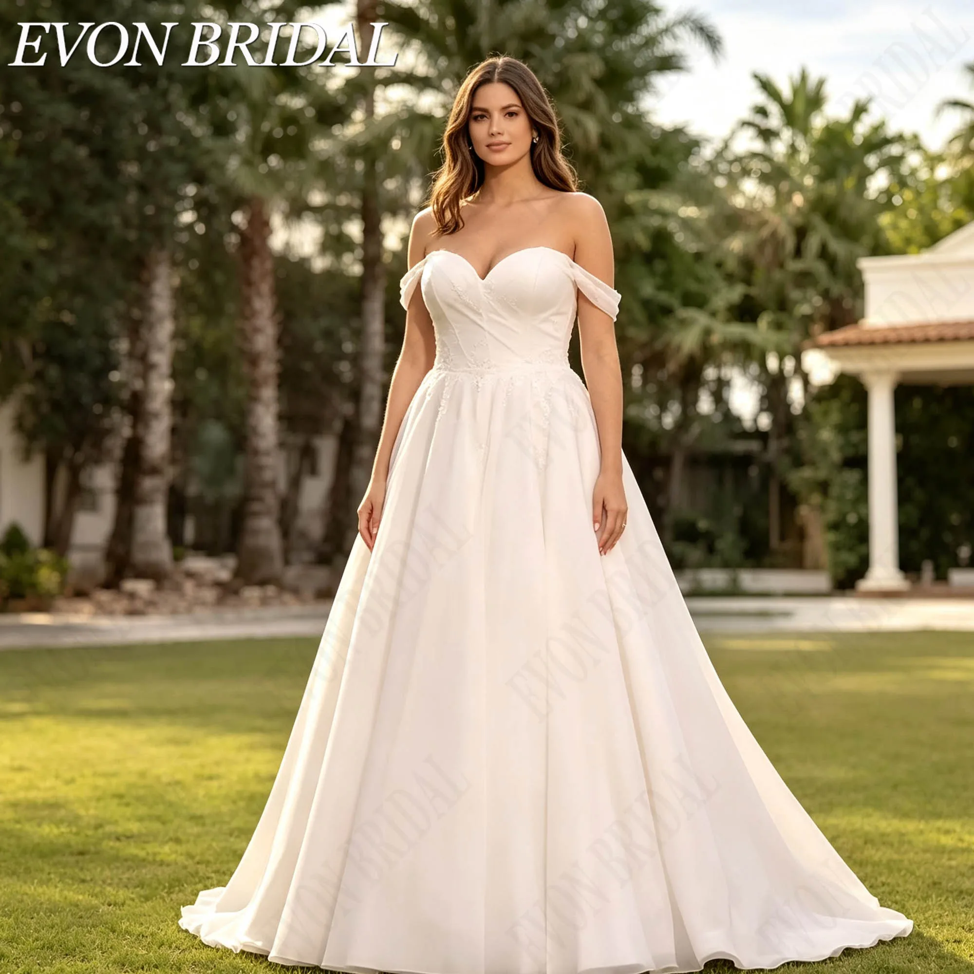 Фото EVON BRIDAL Платье невесты плюс размеры без плеч вырез сердце А-силуэт романтичное свадебное платье для женщин на заказ индивидуальный пошив мягкая ткань для свадебной церемонии выездной свадьбы торжества элегантное №2