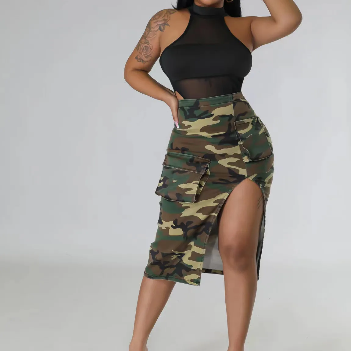 

hirigin Chic Women's Camouflage Midi Skirts 3D Pockets Slit Slim Summer Pencil Skirts Fashion Packaged Hip Party Skirts
