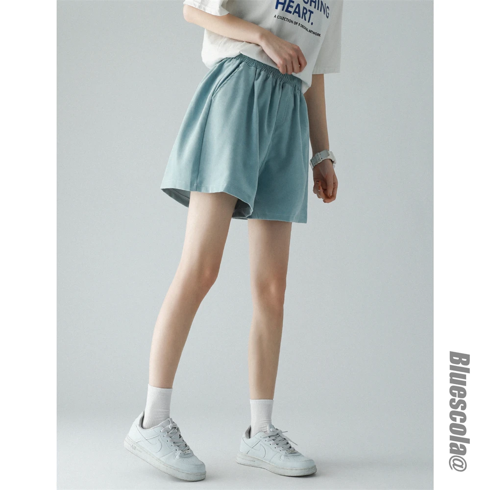 Solid Elastic Waist Basic Casual Sports Shorts Women's Ins Fashion Loose Versatile High Waist Student Wide Leg Pants Summer