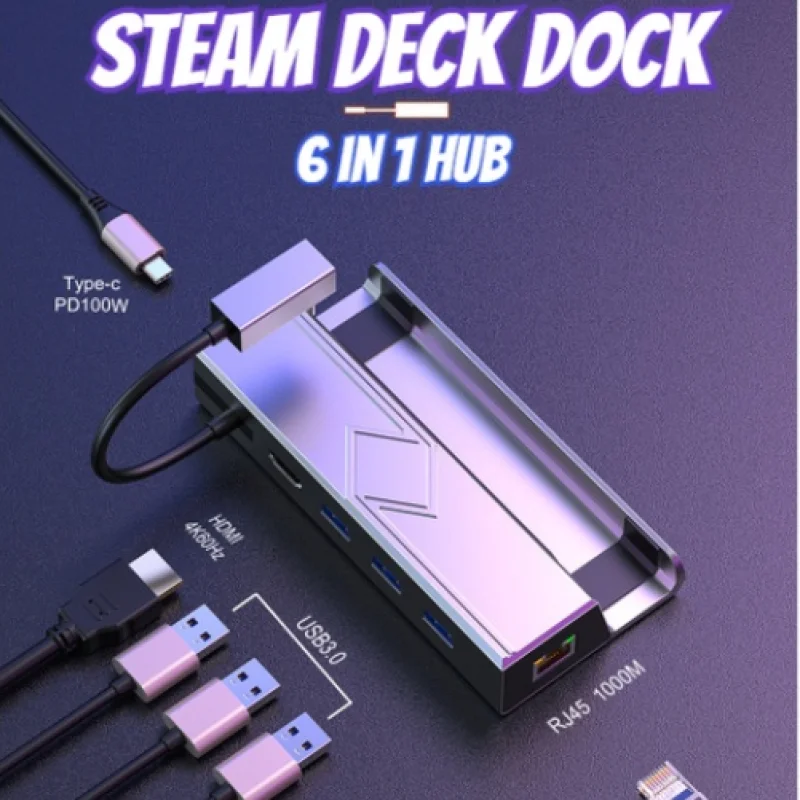 

Док-станция 6 в 1 для Steam Deck, подставка для телевизора, док-станция из алюминиевого сплава, кабель HDMI 4K60Hz для консоли SteamDeck