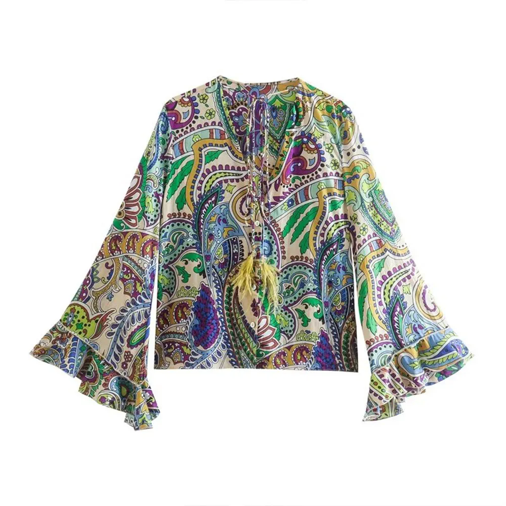 

Женская рубашка с V-образным вырезом, с принтом в виде перьев