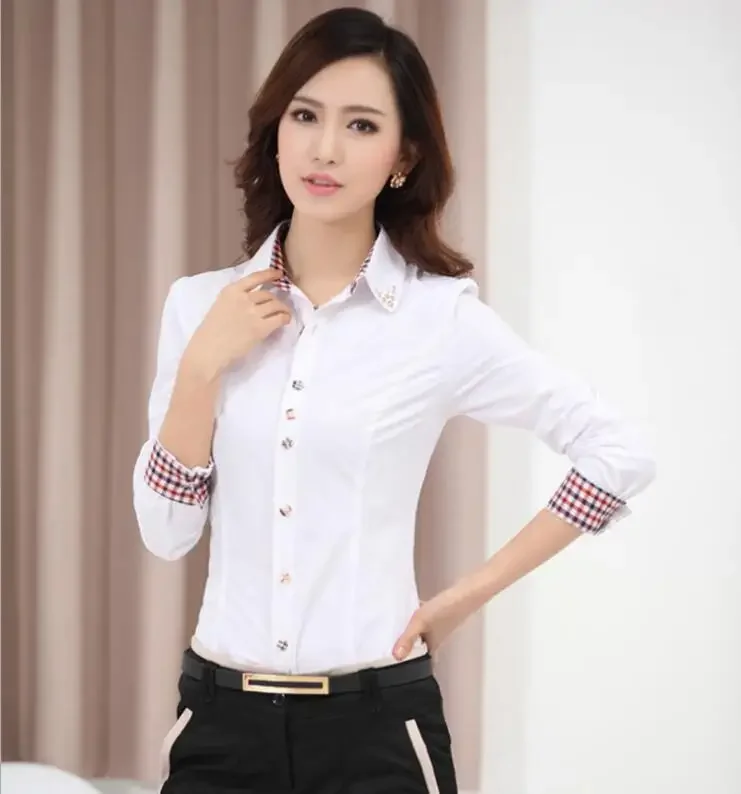 Женская Офисная рубашка в клетку с длинным рукавом и отложным воротником