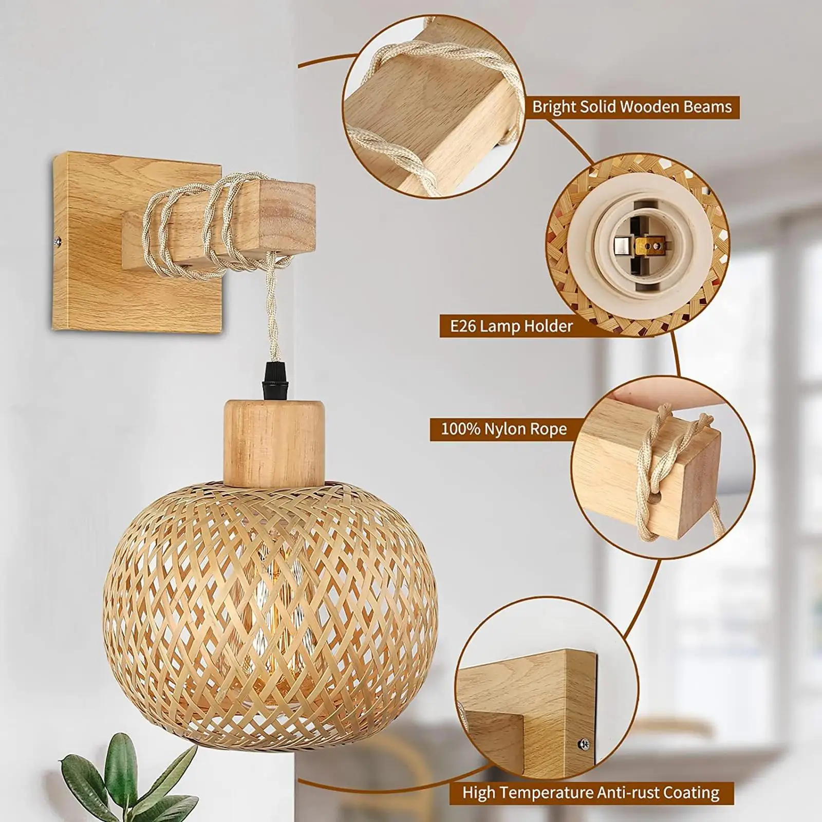 

Rattan Wall Sconce Lighting Wall Mount Light Fixture Bohemian Handmade Bamboo Woven Farmhouse Modern for Bedside Living Room
