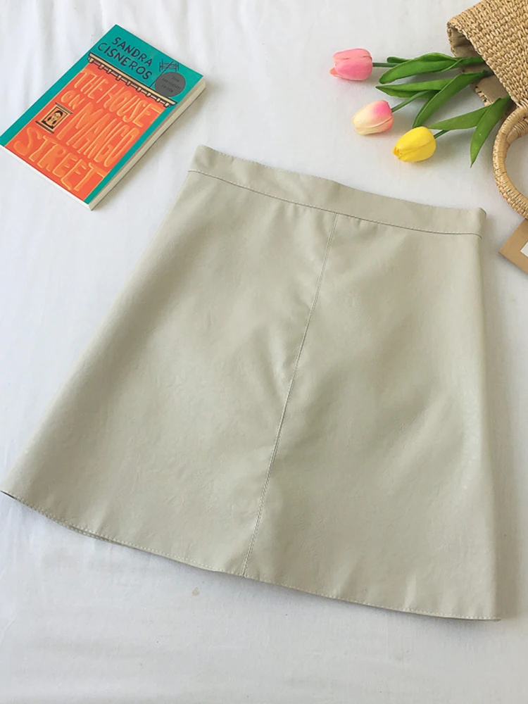 

Ailegogo Spring Summer Women High Waist Mini Pu Leather Skirt Casual Female A-line Solid Zipper Faux Leather Skirts OL Bottoms
