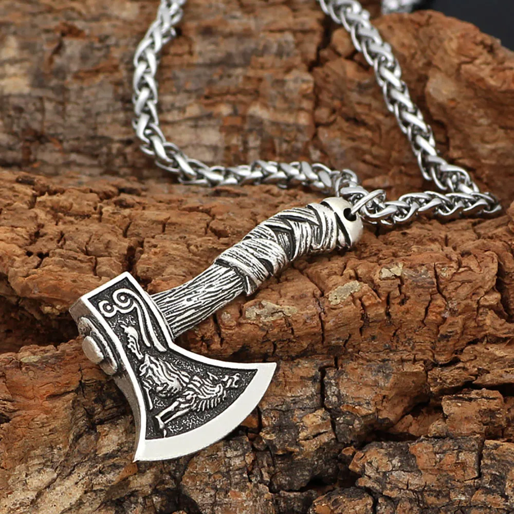 

Vintage Viking Axe Pendant Necklace Men Stainless Steel Odin Crow Viking Wolf Necklace Amulet Nordic Jewelry Wholesale