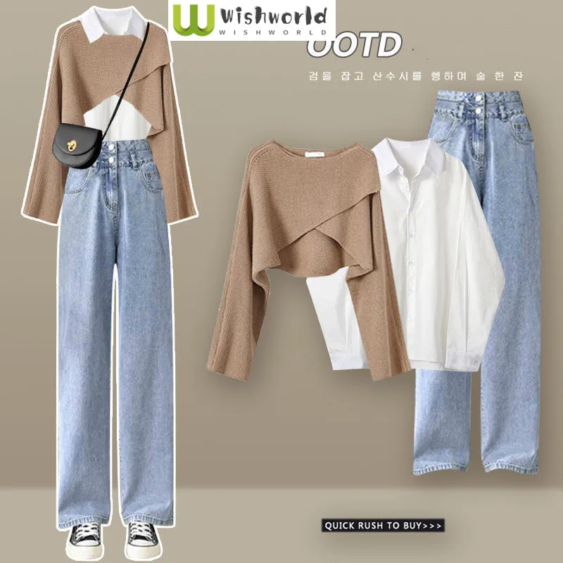 

Spring and Autumn Set Women's 2023 New Korean Knitted Asymmetric Top Versatile Shirt Age Reducing Jeans Three Piece Set