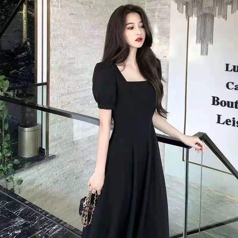 

Vestido Ladies Dresses Women's White Dress Bubble Sleeve Square Neck Light Summer Black Dress Waist Closed Show Thin Temperament