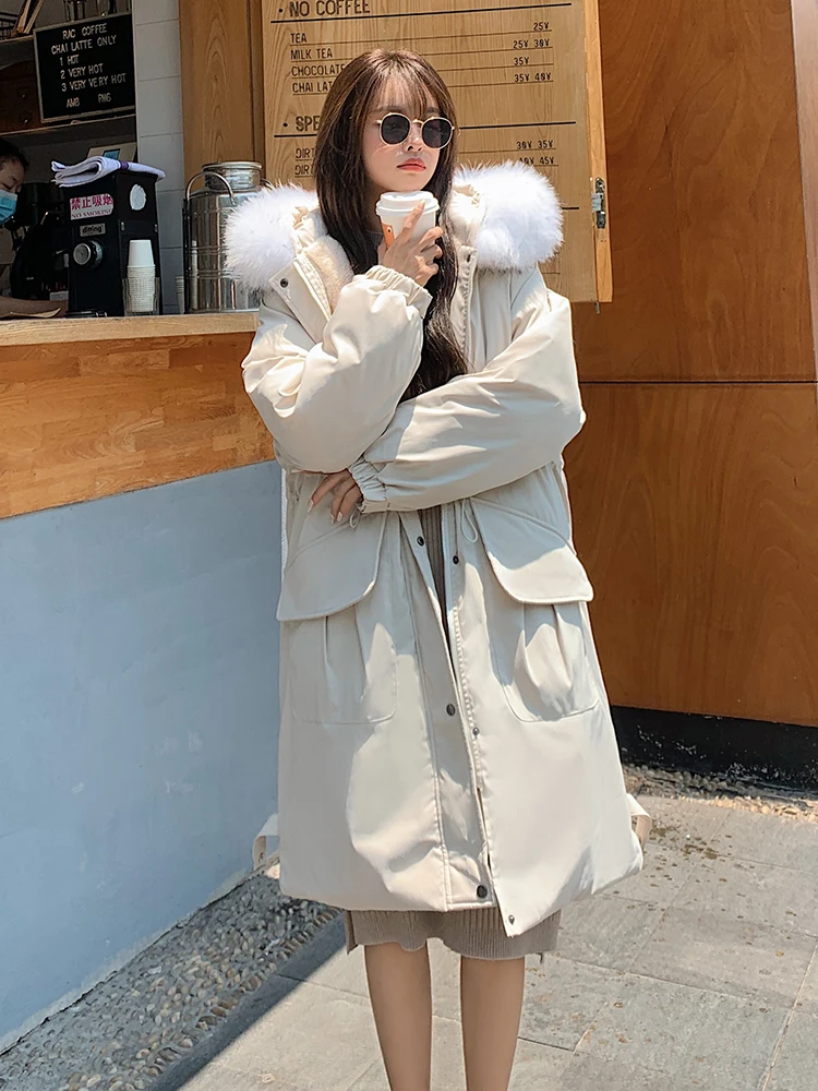 2022 Korean Style Women Winter Long Parka Large Size Oversized Loose Female Ladies Lambswool Fleece Lining jacket Coat Thicken