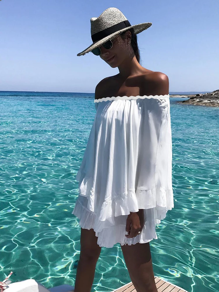 

Off-shoulder Bikini Cover-up Layer Ruffle Short Beach Dress Casual Loose Beachwear Solid Color Swimwear Women Plage Bathing Suit