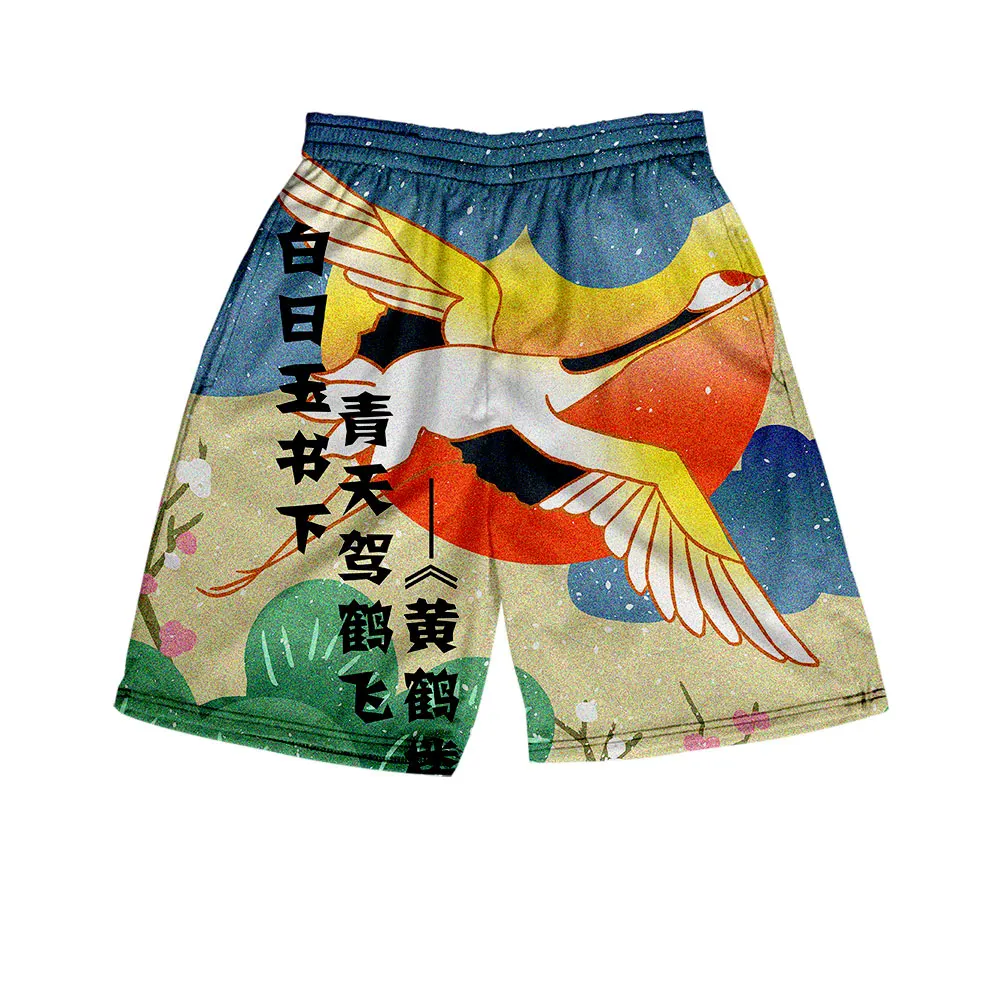

Lianshuo2022 Summer Thin National Tide Illustration Crane Poetry Hip-hop Beach Casual Shorts Printed Elastic Waistline Male