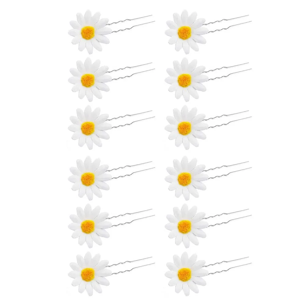

12 Pcs Bobby Pin Small Chrysanthemum Hairpin Flower Fork Daisy Clip White Silk Cloth Stick Bride