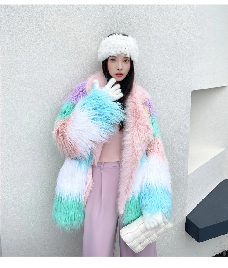Beautiful Woman Colored Mosaic Warm Fur Coat 2023 Winter New High-end Luxury Suit Collar Imitation Mid-Length Fur Jacket Femme