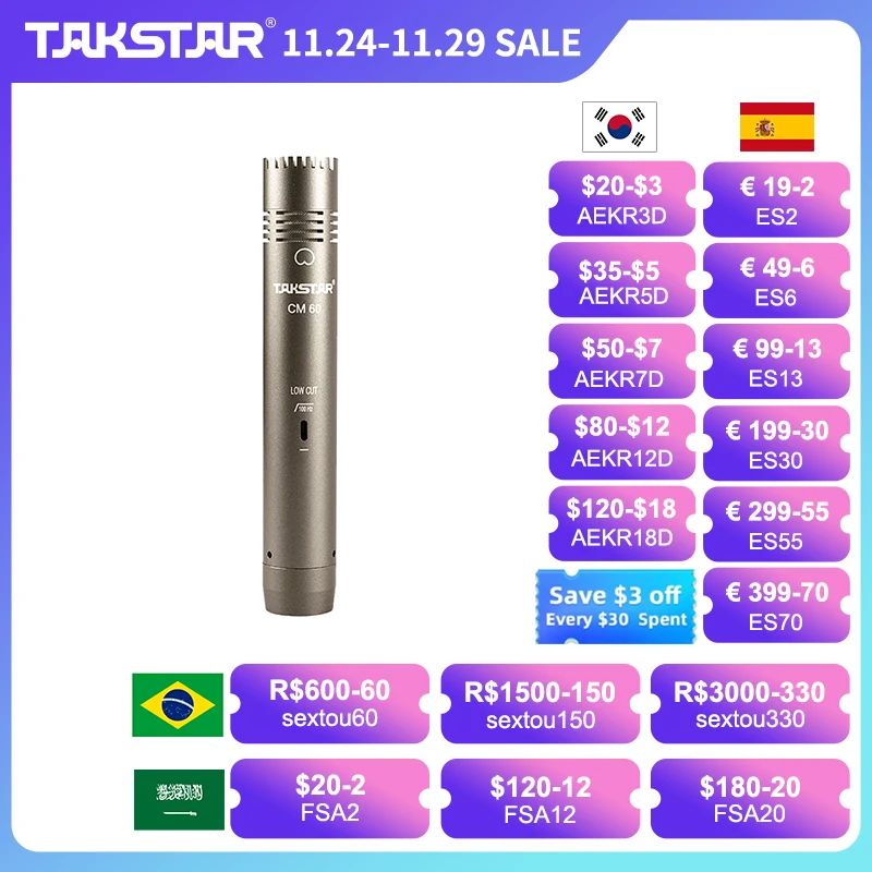 

TAKSTAR CM-60 профессиональный конденсаторный микрофон XLR, кардиоидный микрофон 48 В, проводной микрофон для записи, трансляции, сценического функ...