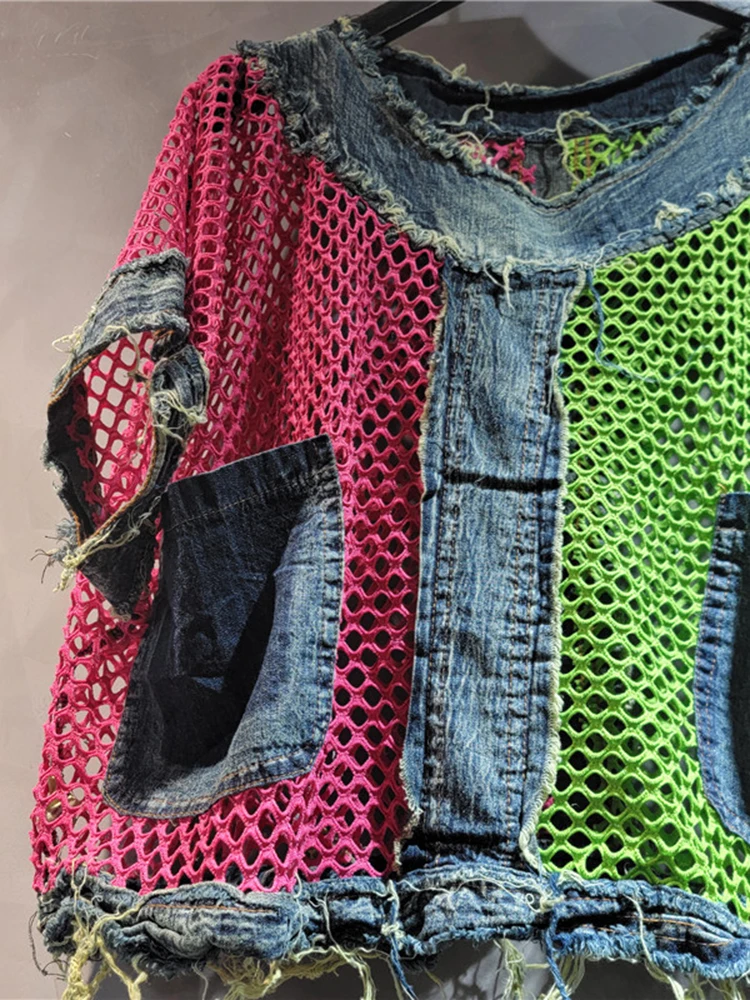 Женская джинсовая футболка с карманами DEAT Лоскутная контрастных цветов