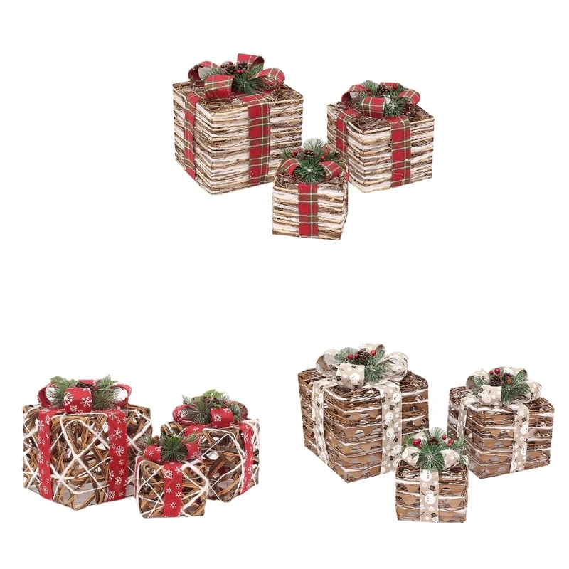 

Christmas Rattan Woven Gift Box Ornament 3pc/set Wedding Decoration Accessory